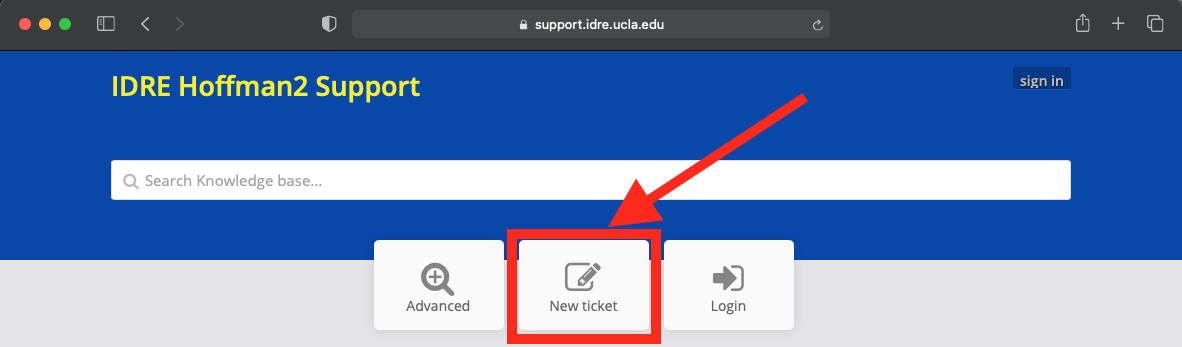 Image showing the Hoffman2 Cluster Support Website with an added arrow to show the location of the "New Ticket" button.