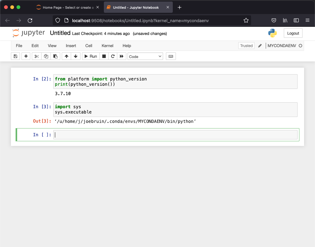 Jupyter Notebook running a python notebook within the MYCONDAENV conda environment