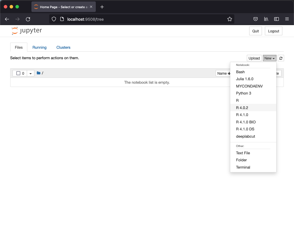 Jupyter Notebook interface with New launcher menu showing