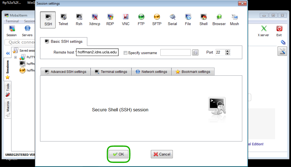 Image showing the MobaXterm application open with the SSH Sessions in which the Remote host field has been filled with the Hoffman2 Cluster address (hoffman2.idre.ucla.edu). The OK button in the center bottom is circled in green