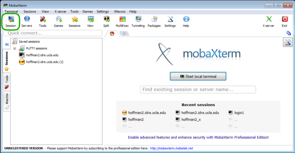 Image showing the MobaXterm application open with the Sessions button in the upper left corner circled in green
