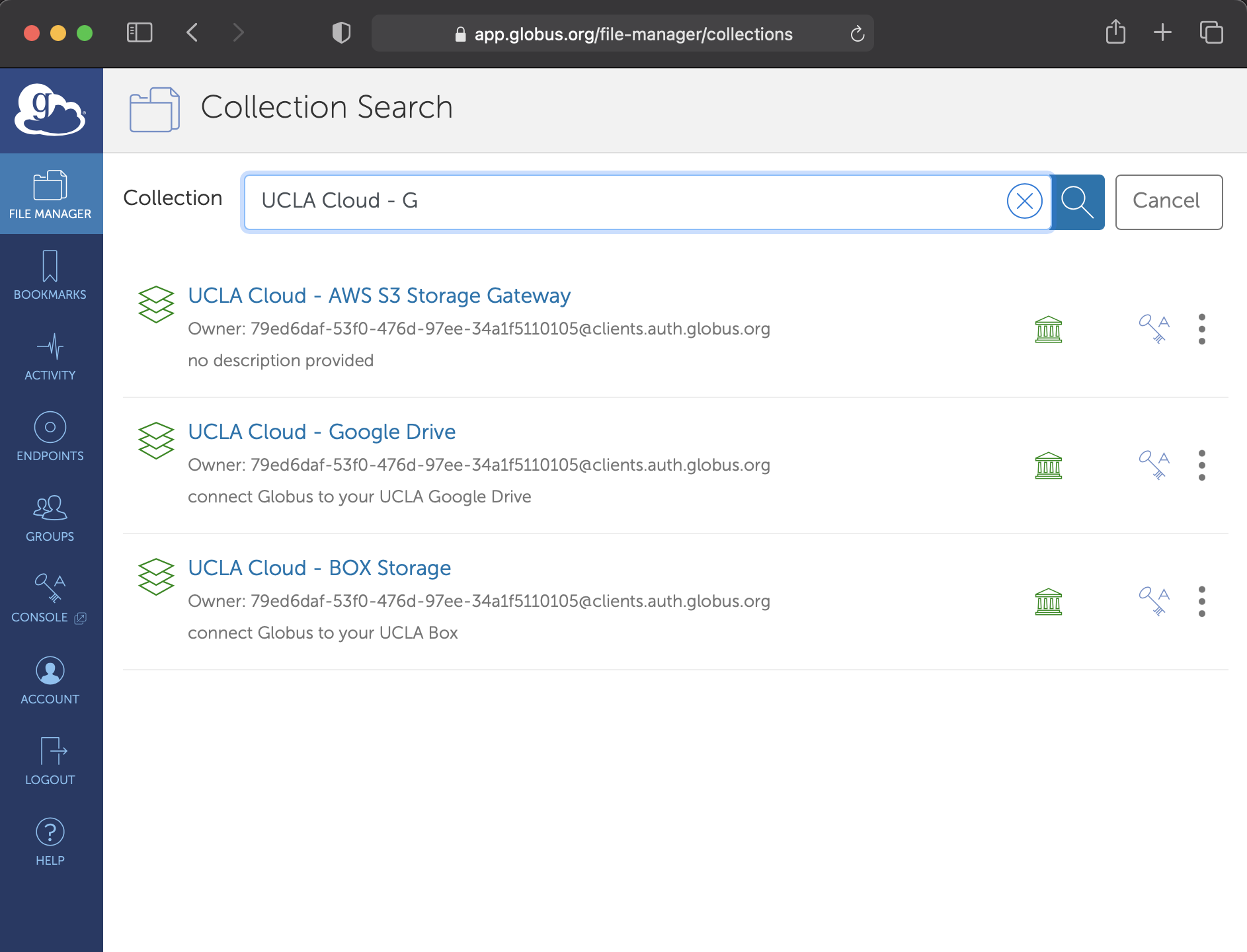 Image of Globus web application, UCLA Google Drive and Box endpoints