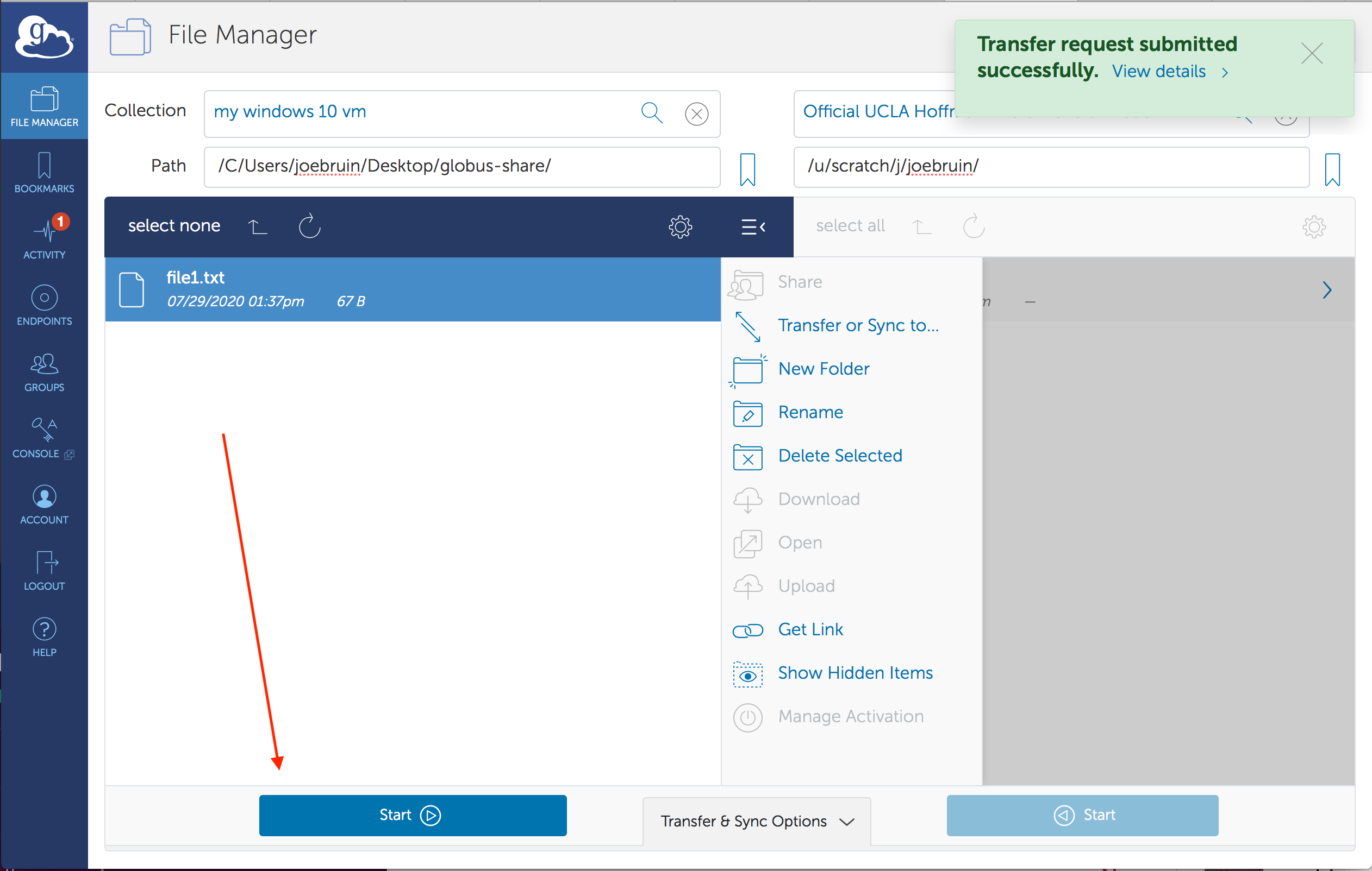 Image of Globus web application, File Manager initiating file transfer from local computer to Hoffman2 Cluster