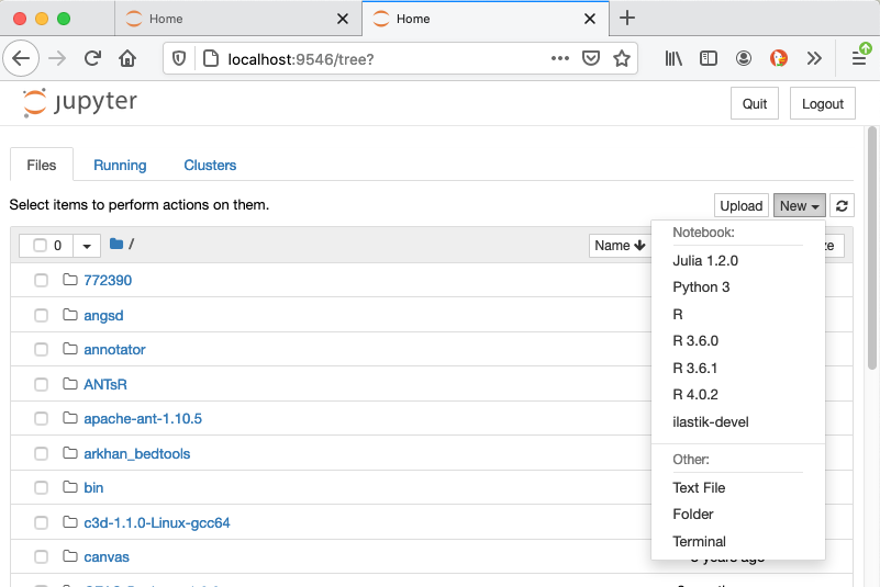 Image showing a Jupyter Notebook and its New pull down menu open