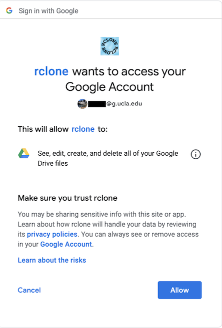 Pop-window prompting for approval to give rclone access to Google Drive